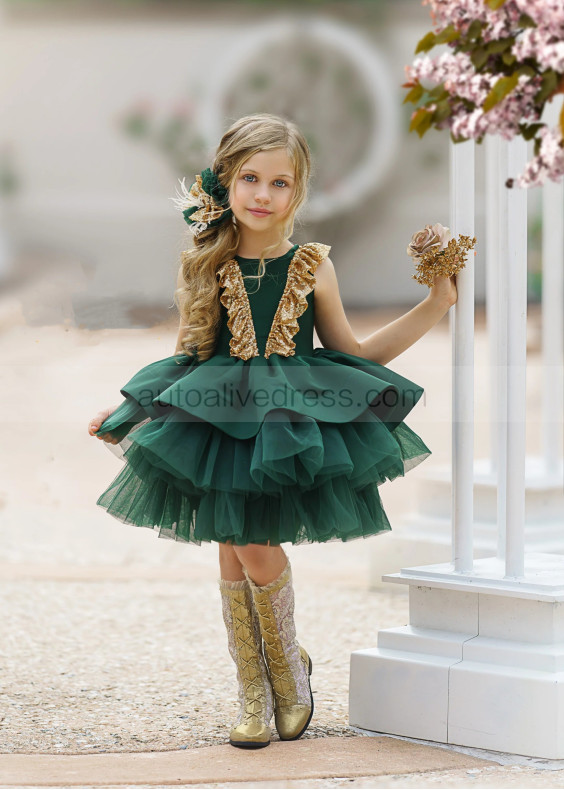 Gold Sequin Green Satin V Back Layered Flower Girl Dress